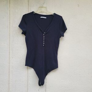 Abercrombie And Fitch Bodysuit Womens XL Black Henley Snap Top Ribbed Thong